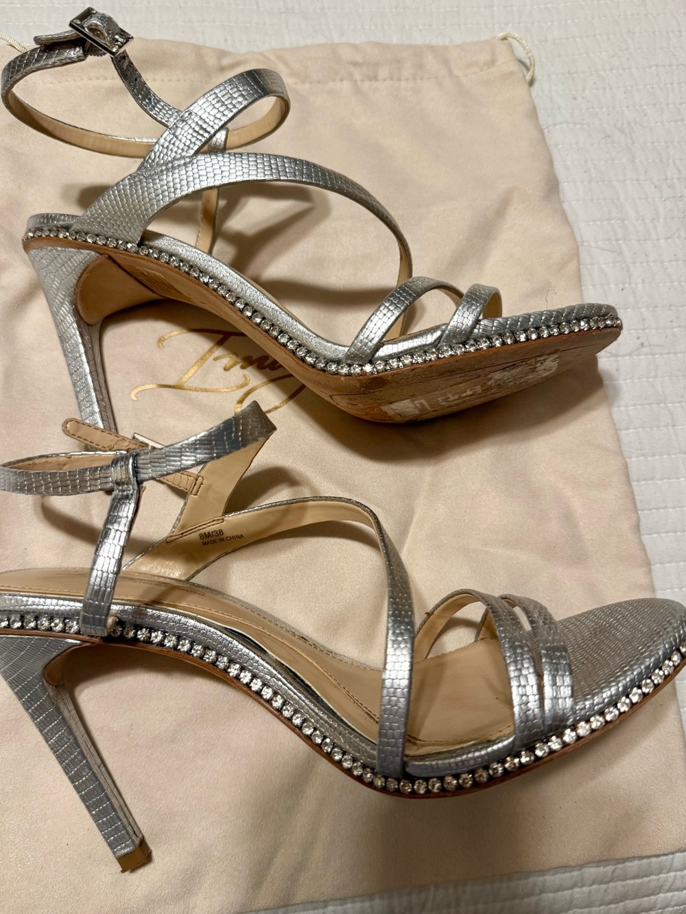 Vince Camuto Silver Lizard-Texture Rhinestone Strappy Heels